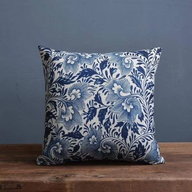 Vintage Blue And White Porcelain Printed Cushion Cover