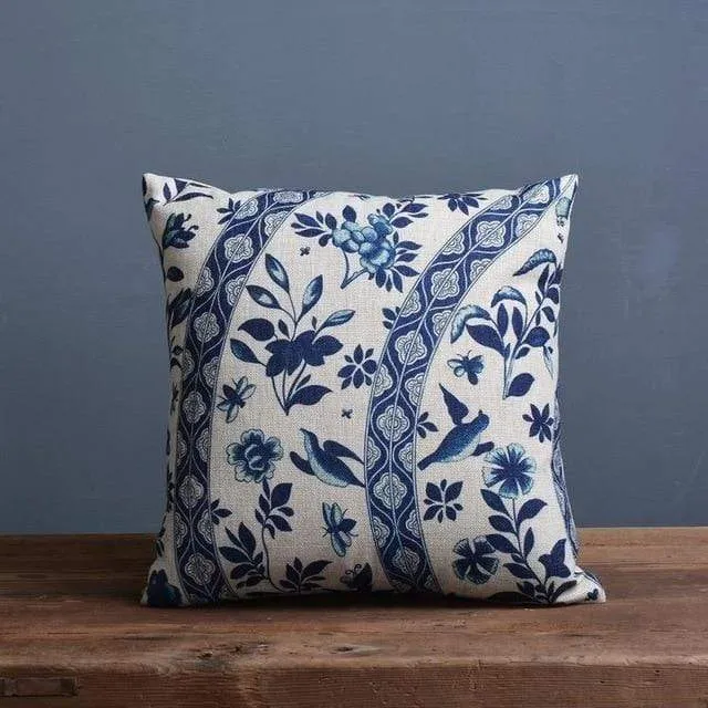 Vintage Blue And White Porcelain Printed Cushion Cover