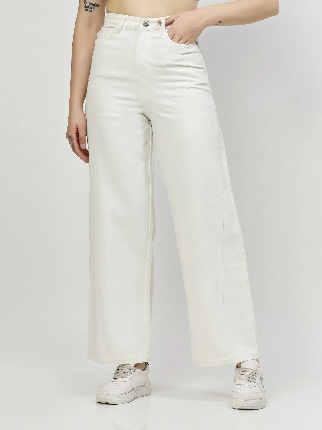 Wide Leg White Cotton Denim Jeans