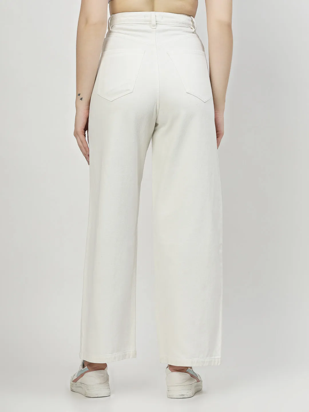 Wide Leg White Cotton Denim Jeans