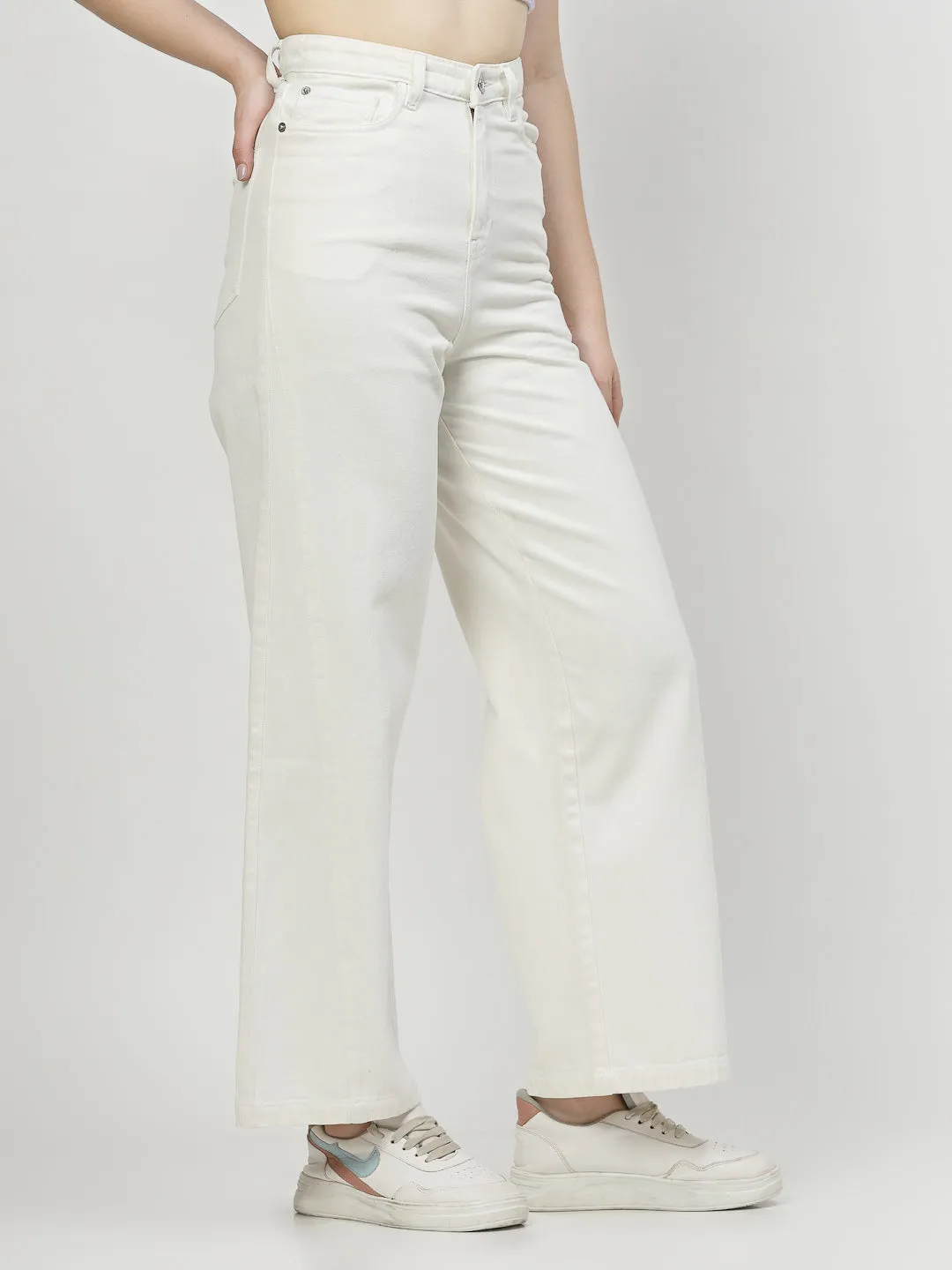 Wide Leg White Cotton Denim Jeans