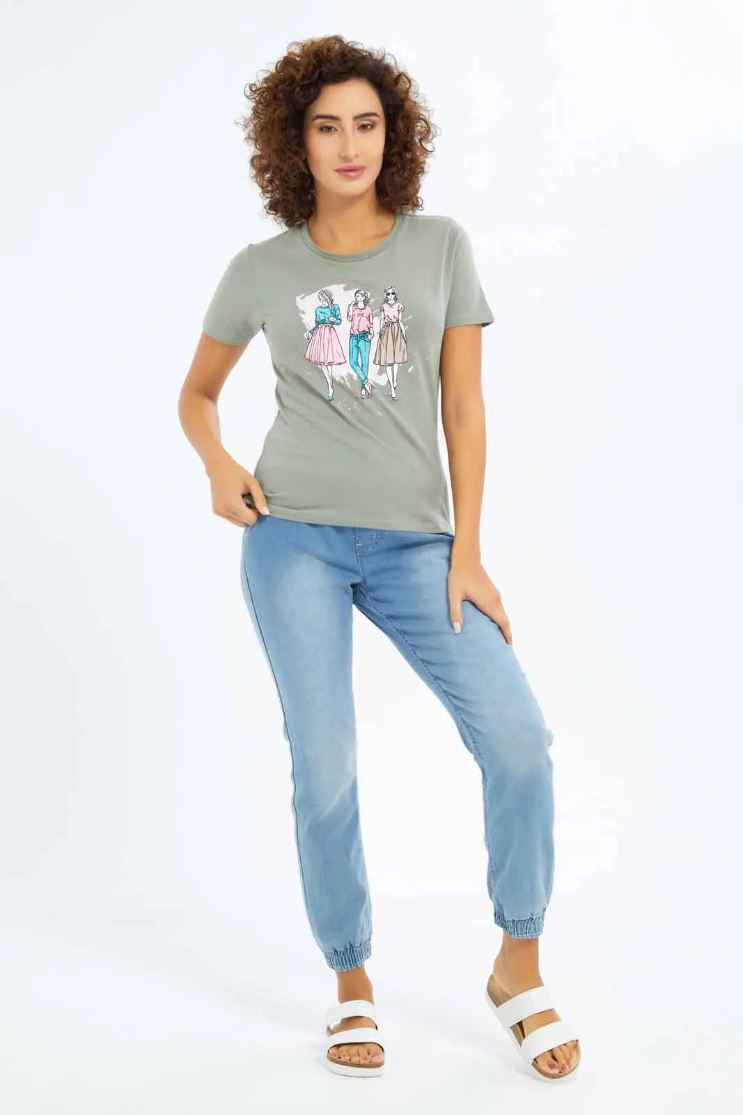 Women Olive Printed T-Shirt