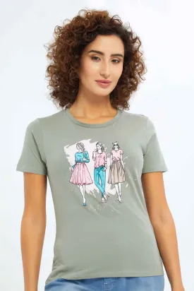 Women Olive Printed T-Shirt