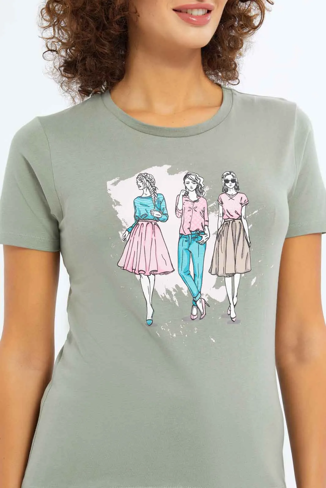 Women Olive Printed T-Shirt