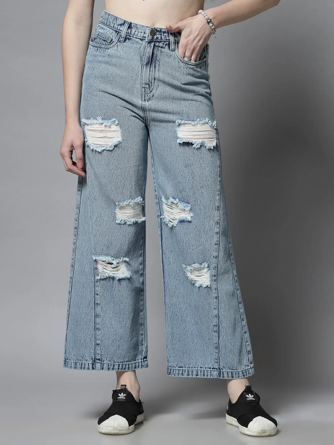 Women’s Distressed Denim Wide Leg Jeans